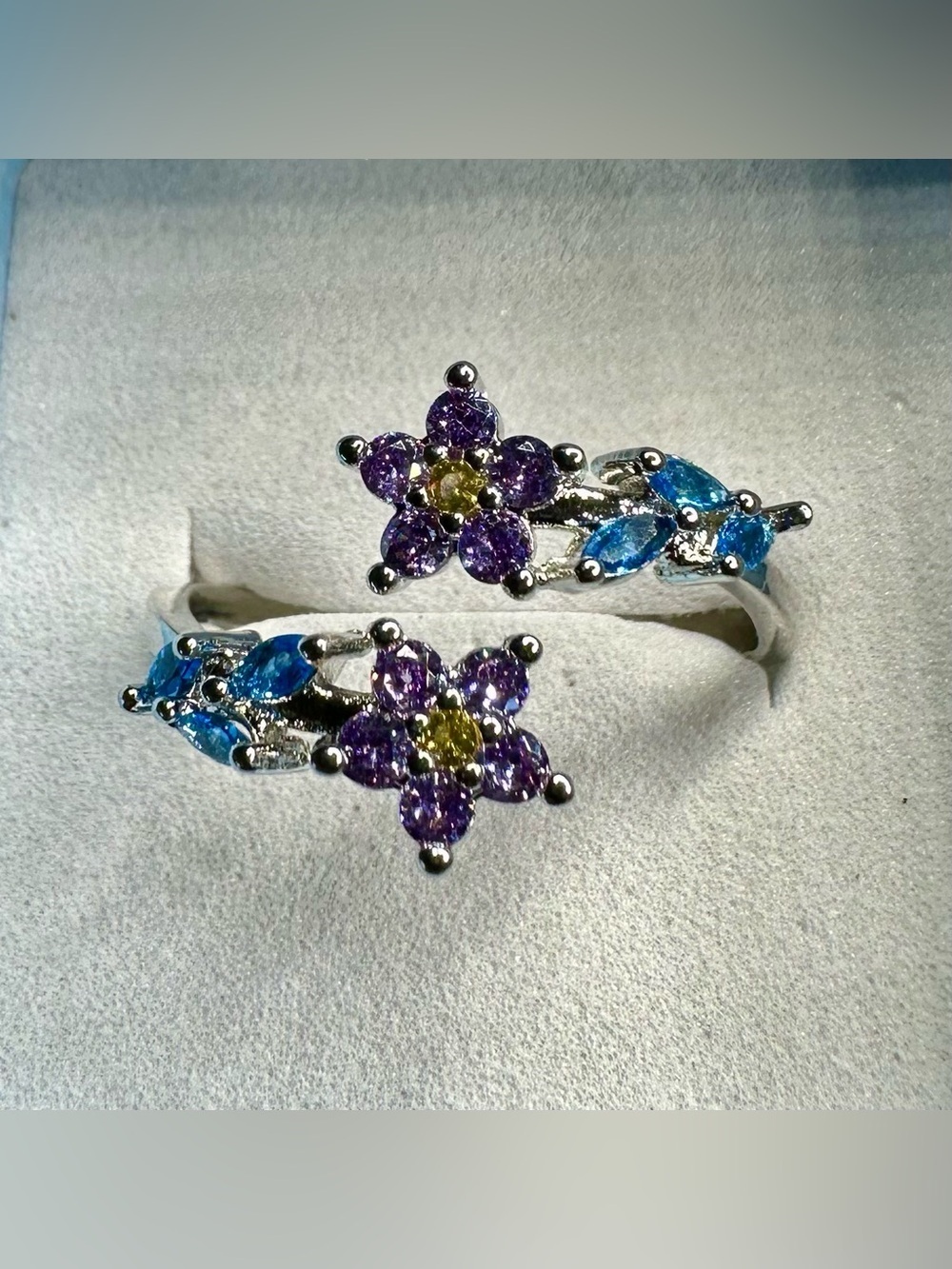 Floral Open Wrap Ring Purple Blue Crystal Silver Tone Adjustable